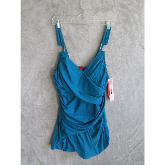 Spanx Blue Draped Ruched One Piece Swimsuit Size 12 Underwire Cup Control Cruise - Picture 1 of 7